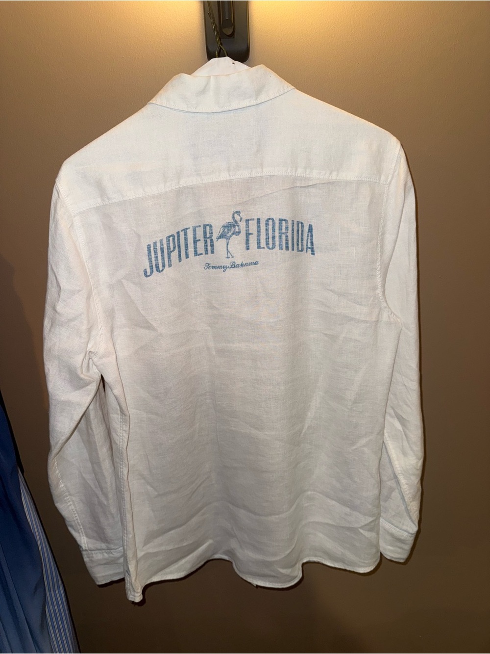 Tommy Bahama White Button-Down Linen Shirt with Light Blue Jupiter Florida Print